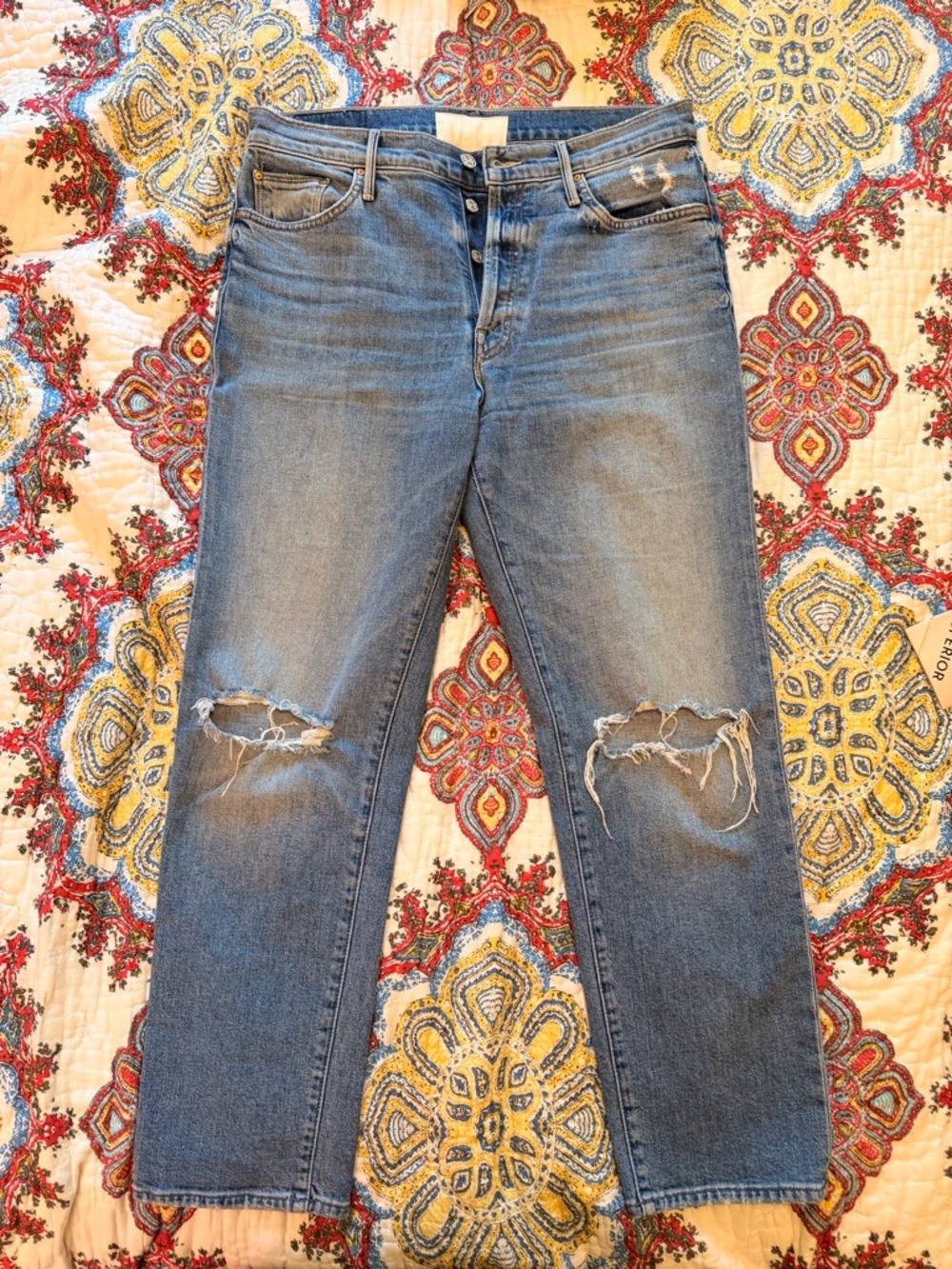 MOTHER Button-Fly Light Blue Distressed Straight Jeans